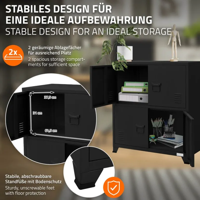 Büroschrank mit zwei Ebenen Magnetverschluss 75x40x80,5 cm Schwarz aus Stahl ML-Design