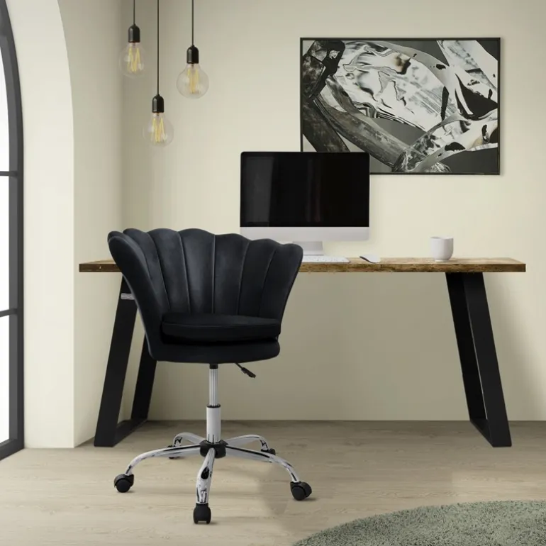 Bürostuhl mit Rollen und Rückenlehne Muscheldesign 68x68 cm Schwarz aus Samt Schminktisch Stuhl ML-Design