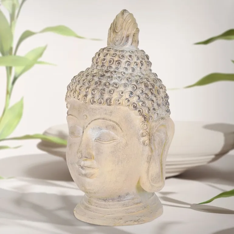 Buddha Kopf Figur 30x30x55 cm beige/grau aus Kunststein