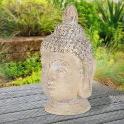 Buddha Kopf Figur 30x30x55 cm beige/grau aus Kunststein