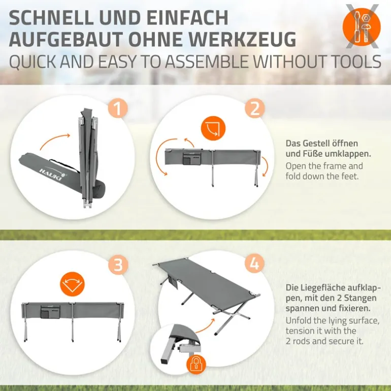Campingbett Feldbett klappbar 210x83x46 cm Grau mit Tragetasche bis 150 kg HAUKI