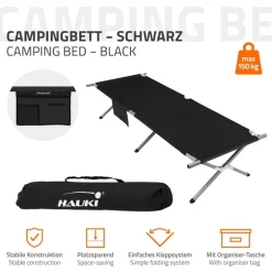 Campingbett Feldbett klappbar 210x83x46 cm Schwarz mit Tragetasche bis 150 kg Hauki