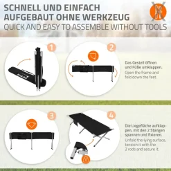 Campingbett Feldbett klappbar 210x83x46 cm Schwarz mit Tragetasche bis 150 kg Hauki