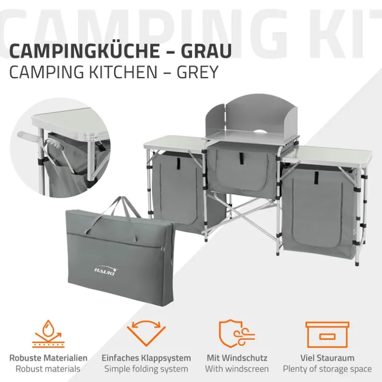 Camping Küche faltbar mit Tragetasche Grau aus Aluminium inkl. Arbeitsplatte Hauki