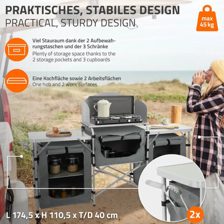 Camping Küche faltbar mit Tragetasche Grau aus Aluminium inkl. Arbeitsplatte Hauki