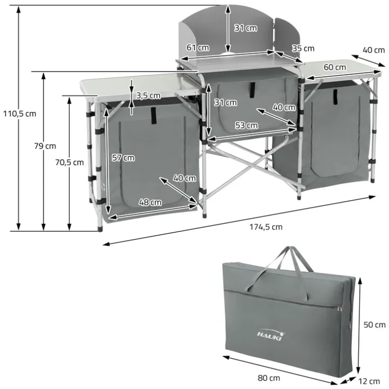 Camping Küche faltbar mit Tragetasche Grau aus Aluminium inkl. Arbeitsplatte Hauki