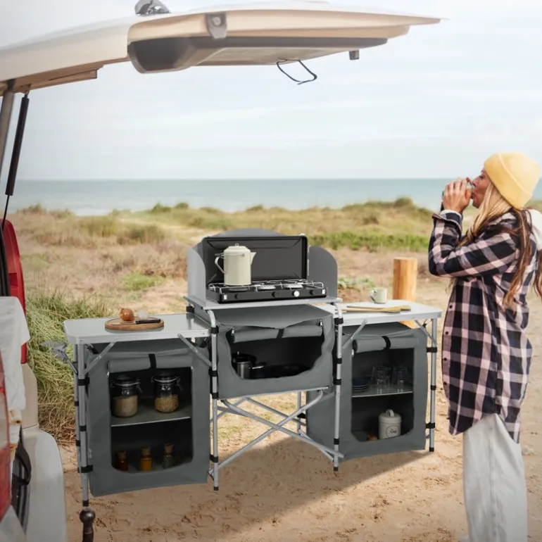 Camping Küche faltbar mit Tragetasche Grau aus Aluminium inkl. Arbeitsplatte Hauki