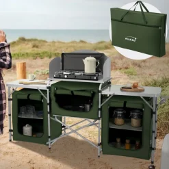 Camping Küche faltbar mit Tragetasche Khaki aus Aluminium inkl. Arbeitsplatte Hauki