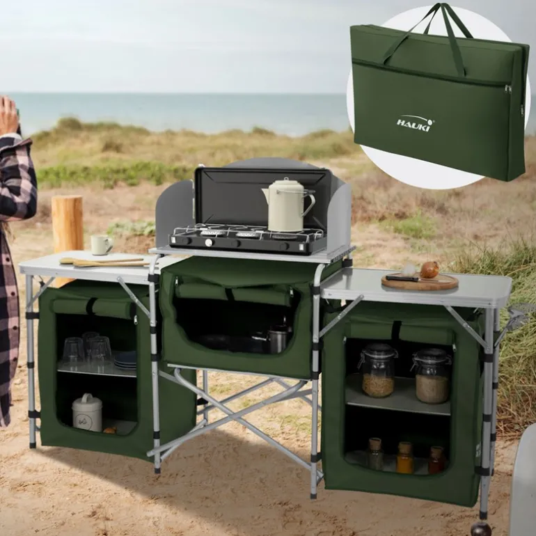 Camping Küche faltbar mit Tragetasche Khaki aus Aluminium inkl. Arbeitsplatte Hauki