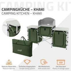 Camping Küche faltbar mit Tragetasche Khaki aus Aluminium inkl. Arbeitsplatte Hauki