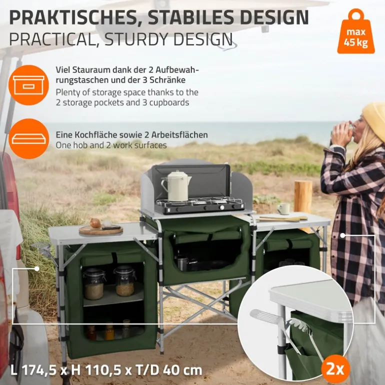 Camping Küche faltbar mit Tragetasche Khaki aus Aluminium inkl. Arbeitsplatte Hauki