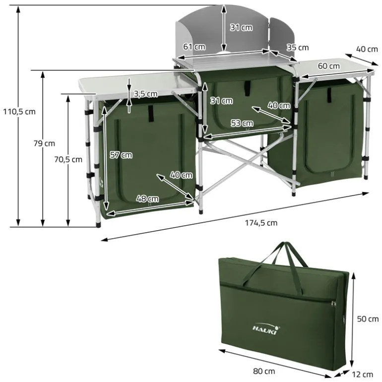Camping Küche faltbar mit Tragetasche Khaki aus Aluminium inkl. Arbeitsplatte Hauki