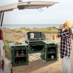 Camping Küche faltbar mit Tragetasche Khaki aus Aluminium inkl. Arbeitsplatte Hauki