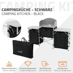 Camping Küche faltbar mit Tragetasche Schwarz aus Aluminium inkl. Arbeitsplatte Hauki