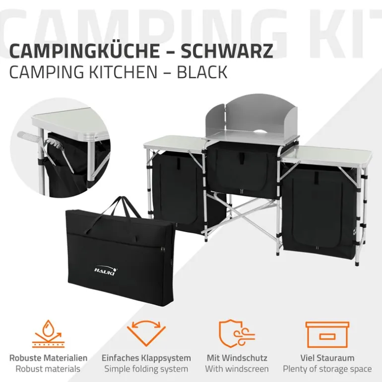 Camping Küche faltbar mit Tragetasche Schwarz aus Aluminium inkl. Arbeitsplatte Hauki