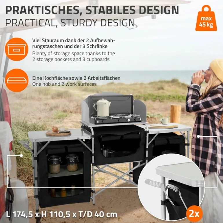 Camping Küche faltbar mit Tragetasche Schwarz aus Aluminium inkl. Arbeitsplatte Hauki