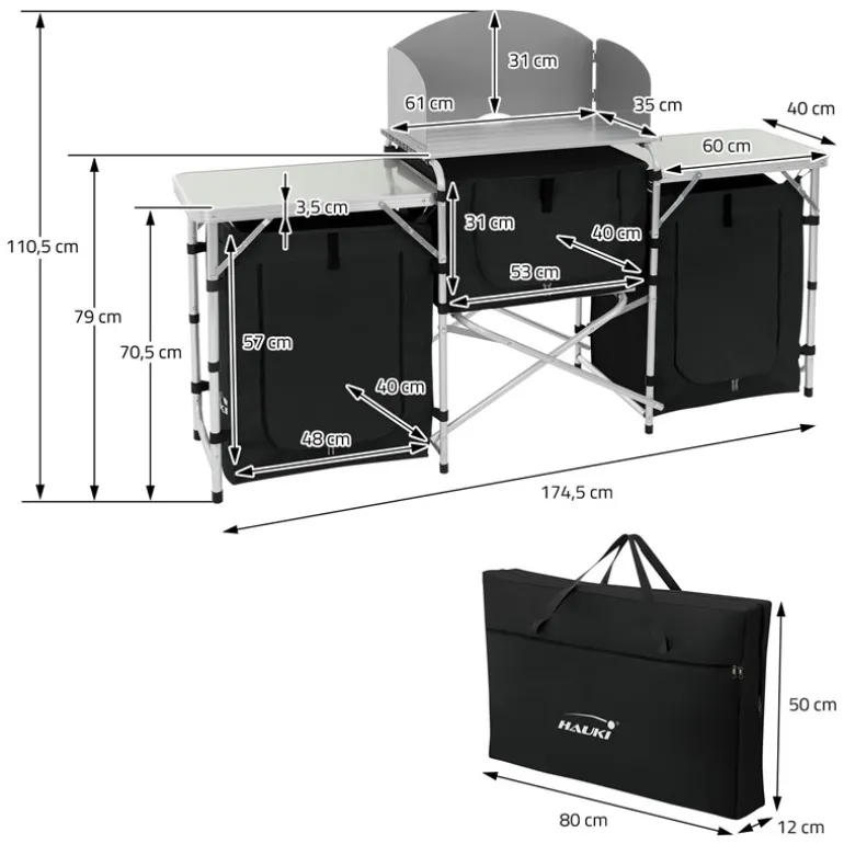 Camping Küche faltbar mit Tragetasche Schwarz aus Aluminium inkl. Arbeitsplatte Hauki
