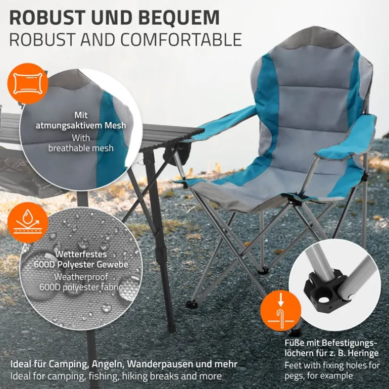 Campingstuhl 2er Set faltbar Grau-Blau klappbarer Angelstuhl mit Getränkehalter & Tragetasche