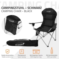 Campingstuhl faltbar bis 150 kg Schwarz mit Getränkehalterung inkl. Tragetasche Hauki