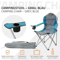 Campingstuhl faltbar Grau-Blau klappbarer Angelstuhl mit Getränkehalter & Tragetasche