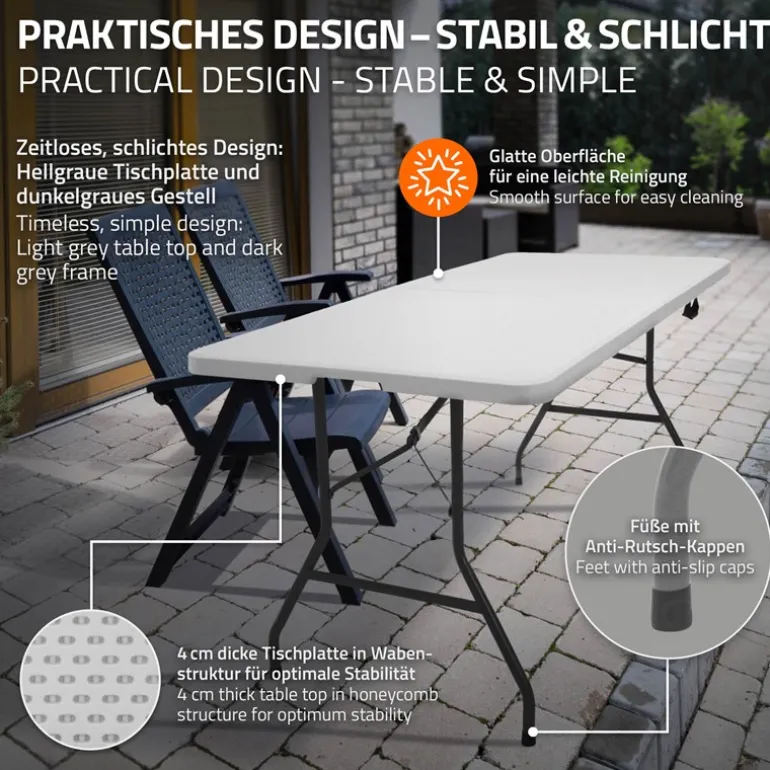 Campingtisch klappbar 180x74 cm Weiß aus Kunststoff ML-Design