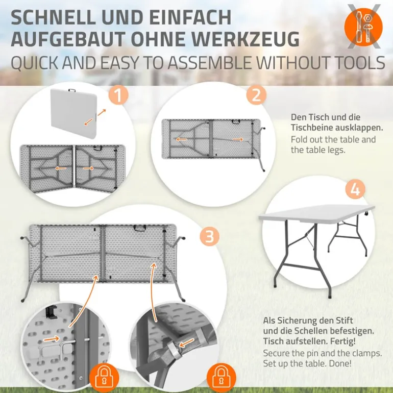 Campingtisch klappbar 180x74 cm Weiß aus Kunststoff ML-Design