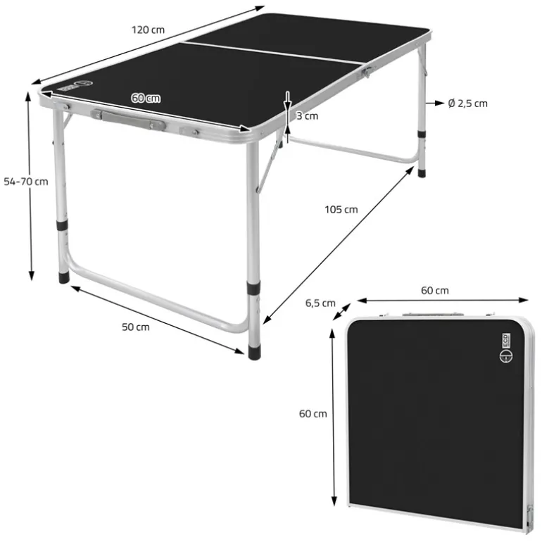 Campingtisch klappbar 120x60x54-70 cm Schwarz aus Aluminium