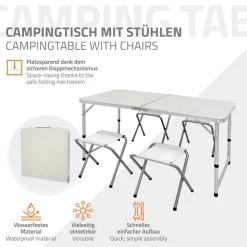 Campingtisch Set mit 4 Hocker 120 cm weiß aus Aluminium und MDF
