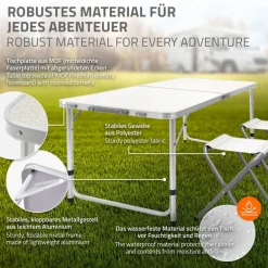 Campingtisch Set mit 4 Hocker 120 cm weiß aus Aluminium und MDF