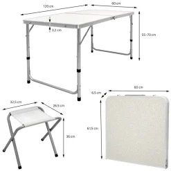 Campingtisch Set mit 4 Hocker 120 cm weiß aus Aluminium und MDF