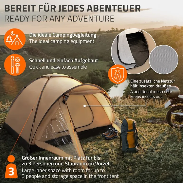 Campingzelt für 2-3 Personen 210x180x120 cm Beige-Grau Kuppelzelt Iglu-Zelt mit verschließbarem Vorraum