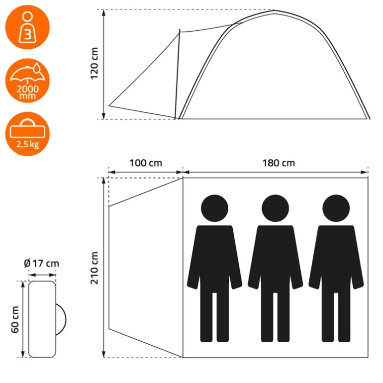 Campingzelt für 2-3 Personen 210x180x120 cm Beige-Grau Kuppelzelt Iglu-Zelt mit verschließbarem Vorraum