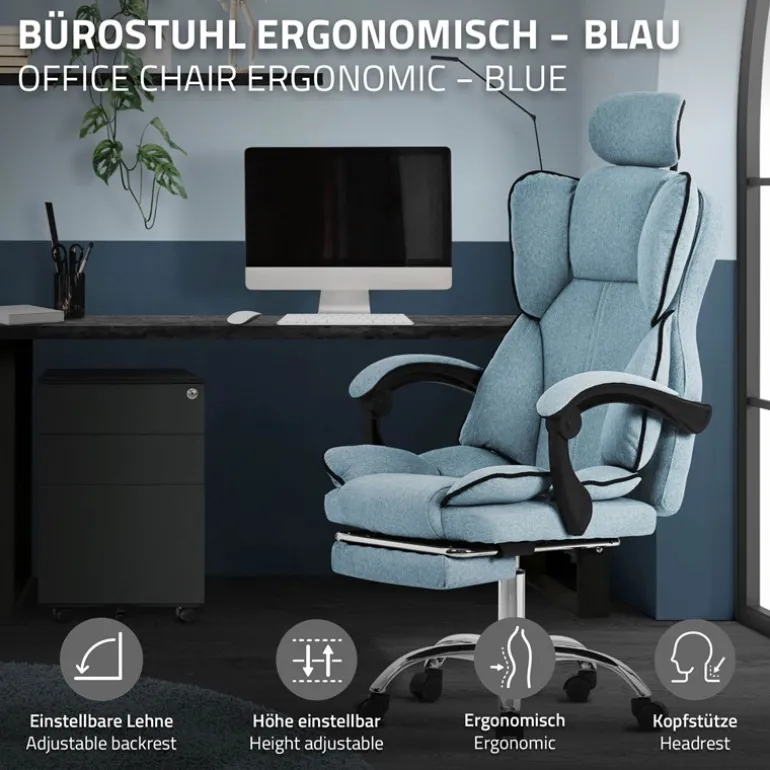 Chefsessel Bürostuhl höhenverstellbar Blau mit höhenverstellbarer Rückenlehne und Fuß-& Kopfstütze bis 120 kg ML-Design