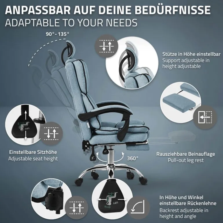 Chefsessel Bürostuhl höhenverstellbar Blau mit höhenverstellbarer Rückenlehne und Fuß-& Kopfstütze bis 120 kg ML-Design