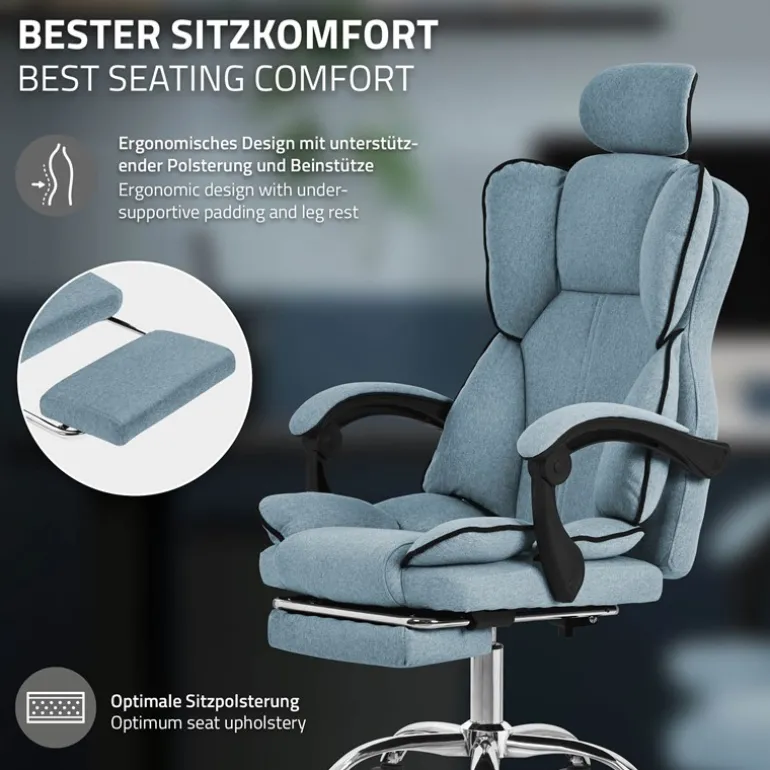Chefsessel Bürostuhl höhenverstellbar Blau mit höhenverstellbarer Rückenlehne und Fuß-& Kopfstütze bis 120 kg ML-Design