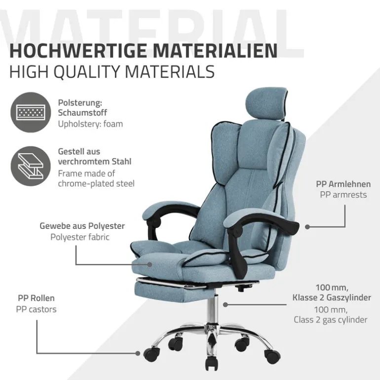 Chefsessel Bürostuhl höhenverstellbar Blau mit höhenverstellbarer Rückenlehne und Fuß-& Kopfstütze bis 120 kg ML-Design