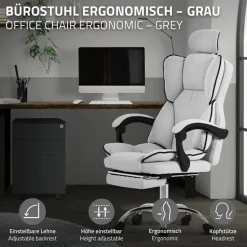 Chefsessel Bürostuhl höhenverstellbar Hellgrau mit höhenverstellbarer Rückenlehne und Fuß-& Kopfstütze bis 120 kg ML-Design