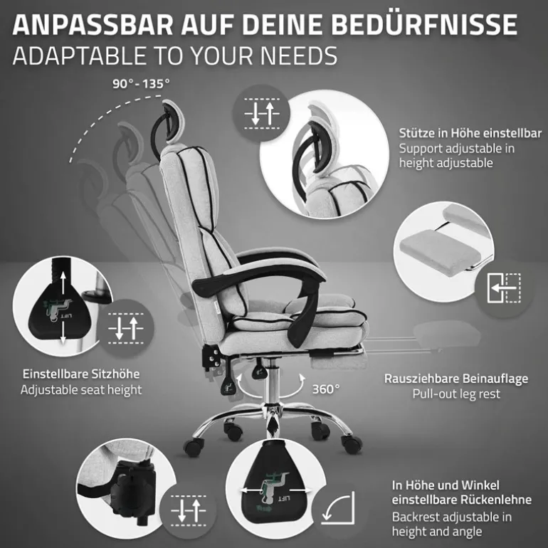 Chefsessel Bürostuhl höhenverstellbar Hellgrau mit höhenverstellbarer Rückenlehne und Fuß-& Kopfstütze bis 120 kg ML-Design