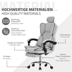 Chefsessel Bürostuhl höhenverstellbar Hellgrau mit höhenverstellbarer Rückenlehne und Fuß-& Kopfstütze bis 120 kg ML-Design