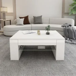 Couchtisch mit Glasablage und 4 Fächern 100x60x42 cm Weiß ML-Design