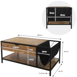 Couchtisch 110x54 cm mit Zeitschriftenfach Eiche Optik Braun Schwarz Wohnzimmertisch ML-Design