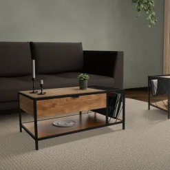 Couchtisch 110x54 cm mit Zeitschriftenfach Eiche Optik Braun Schwarz Wohnzimmertisch ML-Design