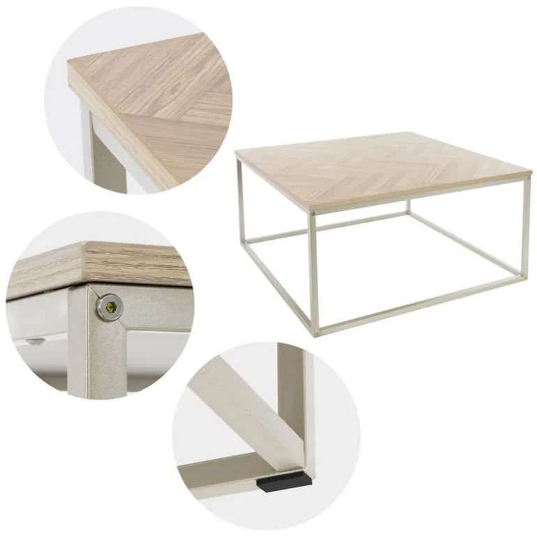 Couchtisch 80x80x40 cm Fischgrätenmuster Eichen-Optik mit Stahlgestell ML-Design