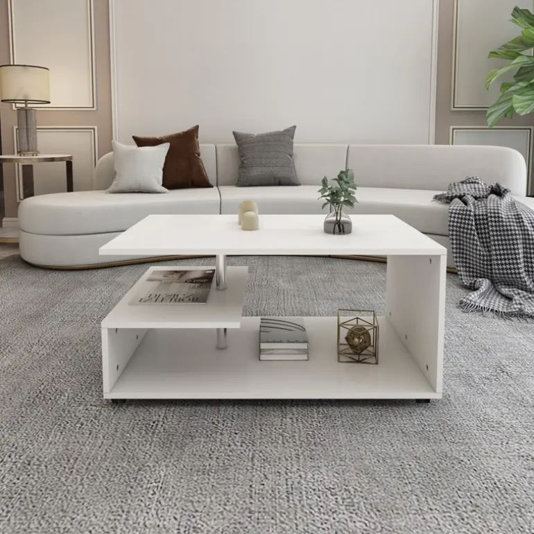 Couchtisch 91x52,6x41 cm Weiß mit Metall Dekostange und Ablageflächen auf 3 Etagen ML-Design