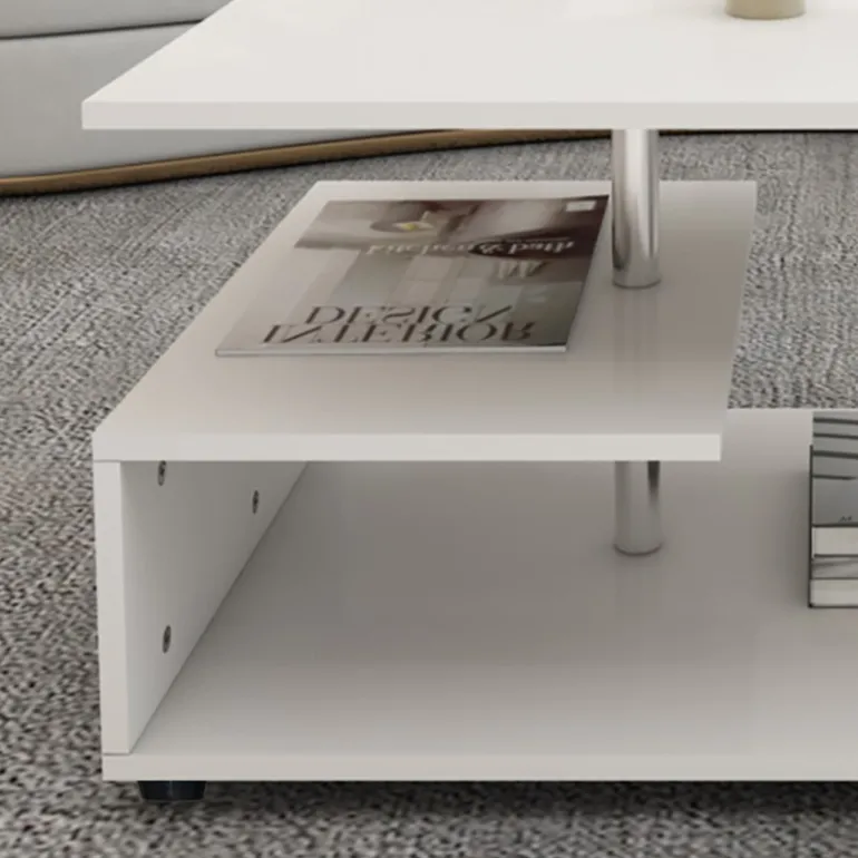 Couchtisch 91x52,6x41 cm Weiß mit Metall Dekostange und Ablageflächen auf 3 Etagen ML-Design