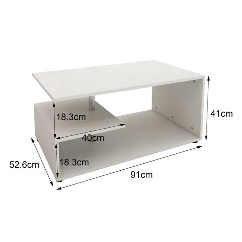 Couchtisch 91x52,6x41 cm Weiß mit Metall Dekostange und Ablageflächen auf 3 Etagen ML-Design