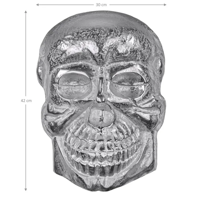 Deko Skull Totenkopf Wandskulptur Silber 42x30 cm mit Nickel Finish aus Aluminium WOMO-Design