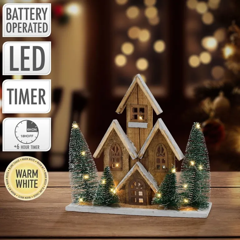 Deko Weihnachtshaus 30cm schneebedeckt mit warmweißen LED-Beleuchtung batteriebetrieben inkl. Timer aus Holz