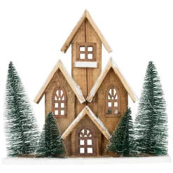 Deko Weihnachtshaus 30cm schneebedeckt mit warmweißen LED-Beleuchtung batteriebetrieben inkl. Timer aus Holz