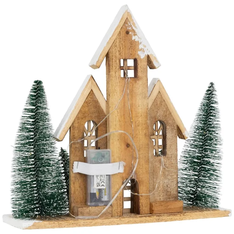 Deko Weihnachtshaus 30cm schneebedeckt mit warmweißen LED-Beleuchtung batteriebetrieben inkl. Timer aus Holz